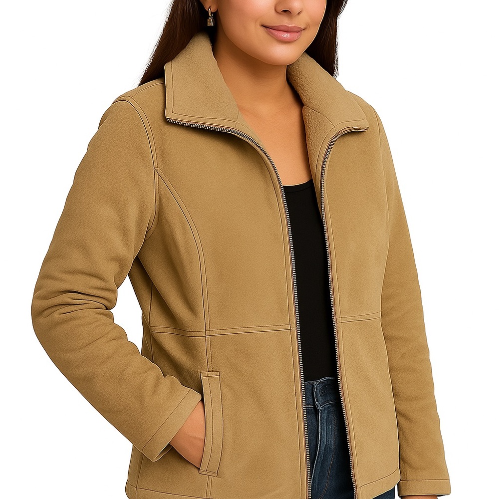 Classic Tan Suede Leather Jacket with Bonded Fur for Women